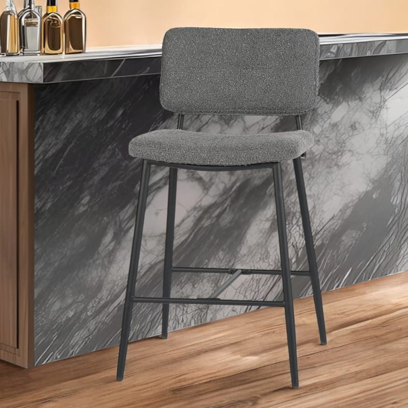 Set of 2 Modern 27” Seat Bar Height Stools with Low Backrest and Faux Leather Seat for Kitchen or Dining Room - Grey-Black