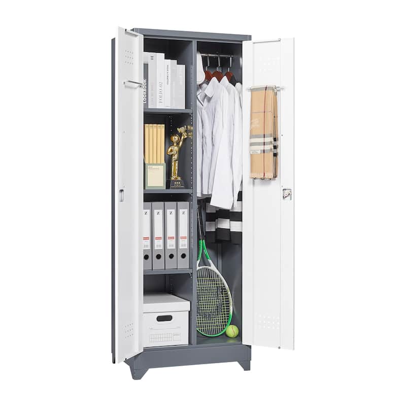 Cleaning Tool Storage Cabinet With Locking Doors And Shelves, Hanging Rod & S-Hooks