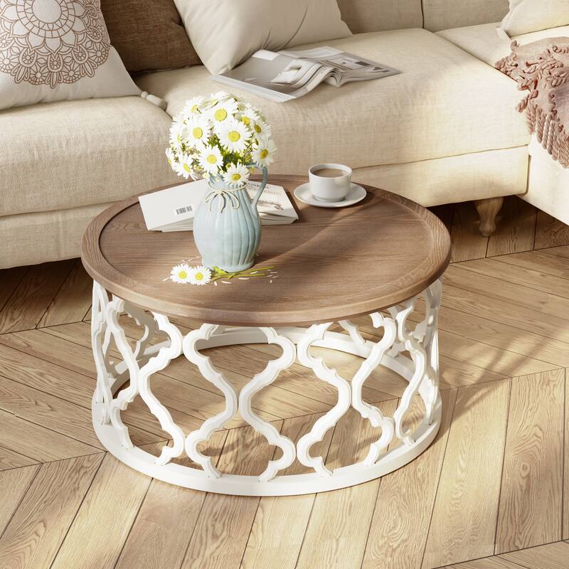 COZAYH Farmhouse End Table, Distressed Tray Top Coffee Table with Curved Motif Frame Base for Boho, Rustic, French Country