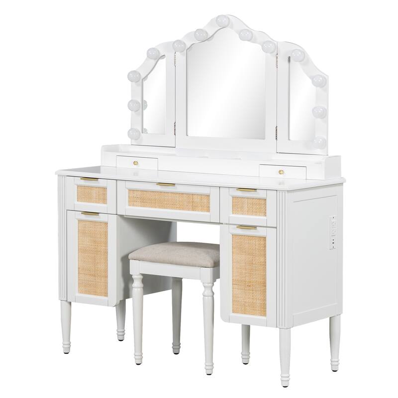 Makeup Vanity Desk with 13 Hollywood Bulbs & 3 Lighting Modes, Dressing Table with Tri-Fold Mirror, 5 Drawers & Shelves