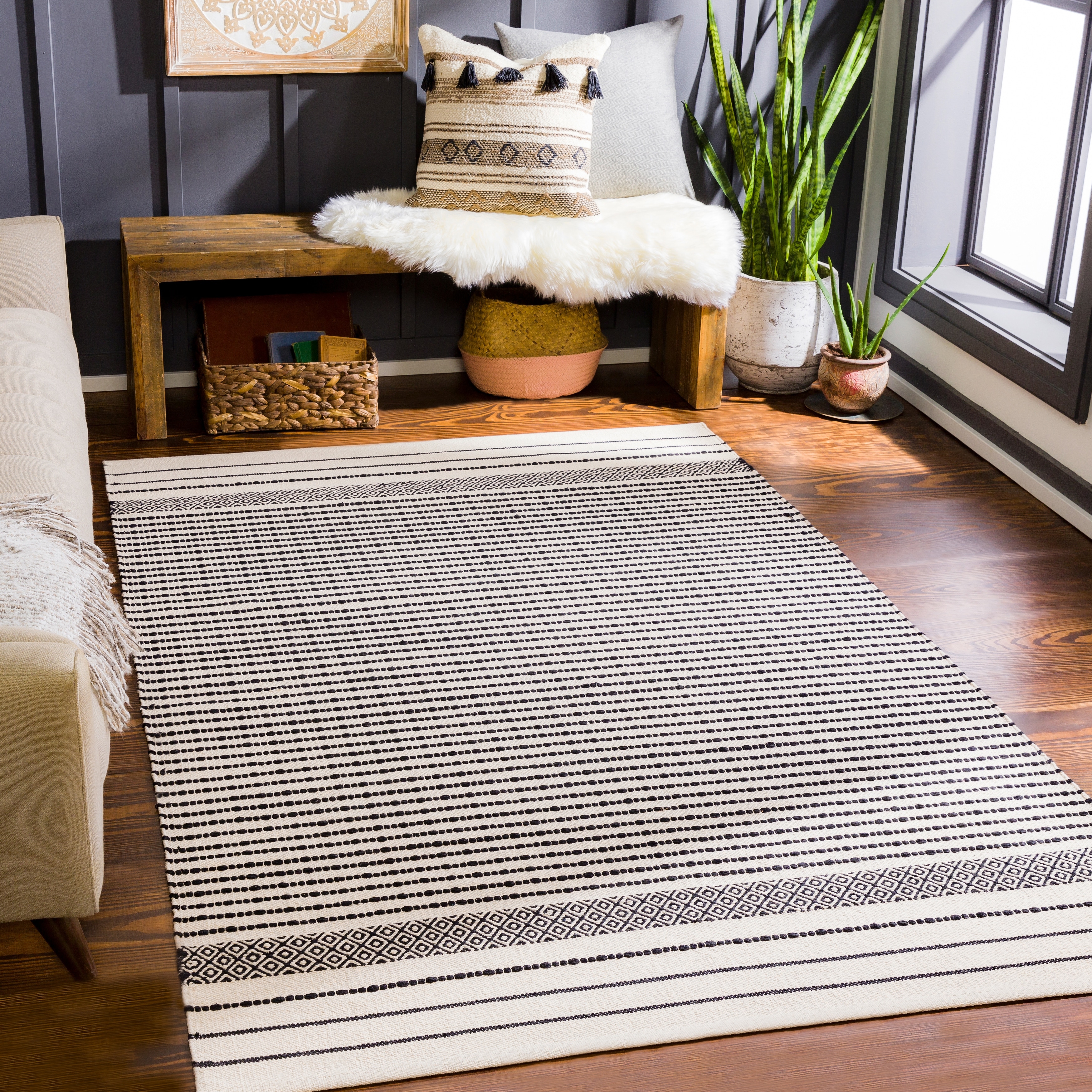 Eco Friendly NATURAL Striped Cotton Jute Cream Beige Washable & Reversible Rugs 