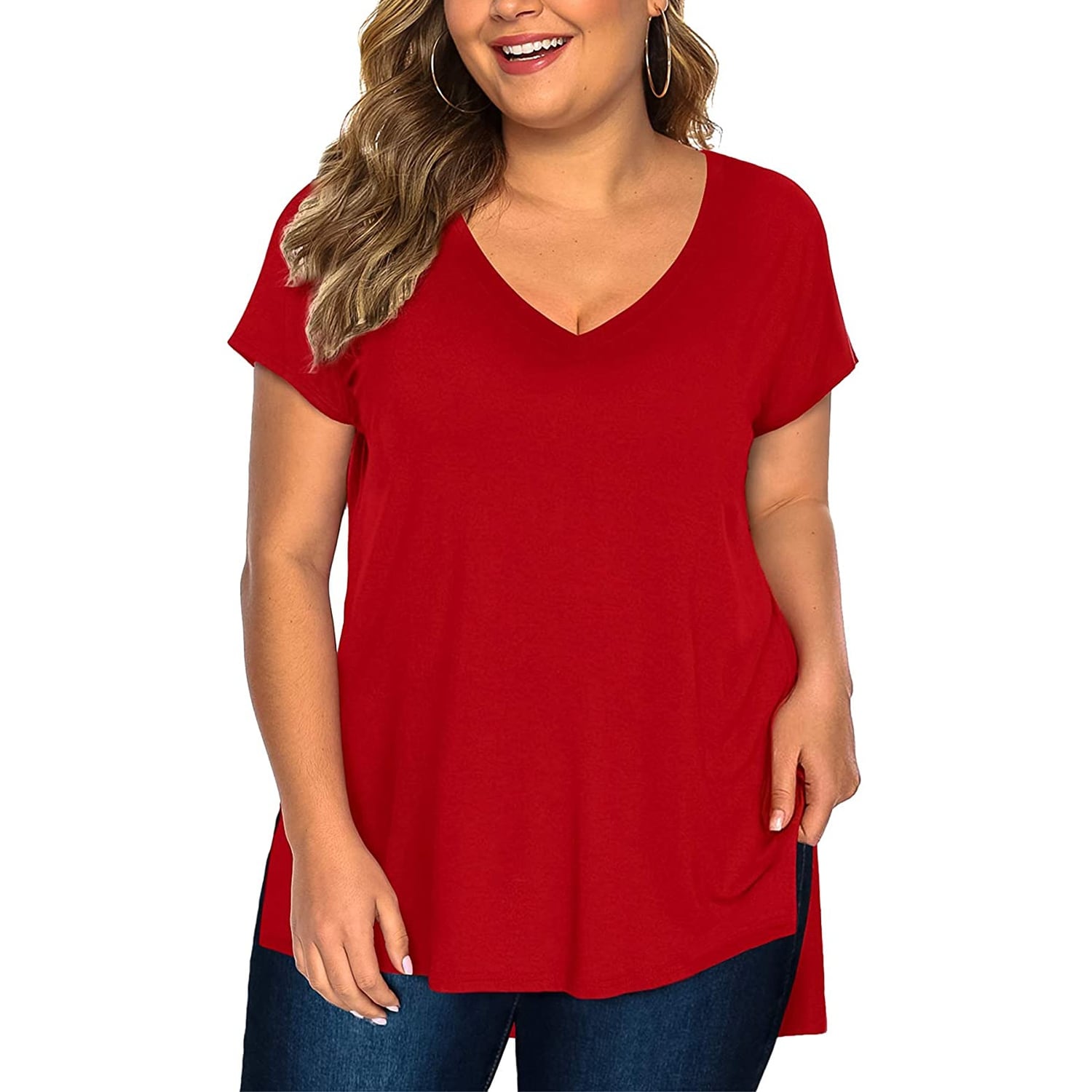 Haoricu Plus Size Womens Short Sleeve Casual Loose Fit Flare Swing Tunic Tops Basic T-Shirt Loose V-Neck Tunic Top