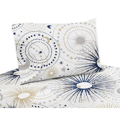 Star and Moon Collection 3-piece Twin Sheet Set - Navy Blue, Gold, and Grey Celestial Sky Stars Gender Neutral Unisex