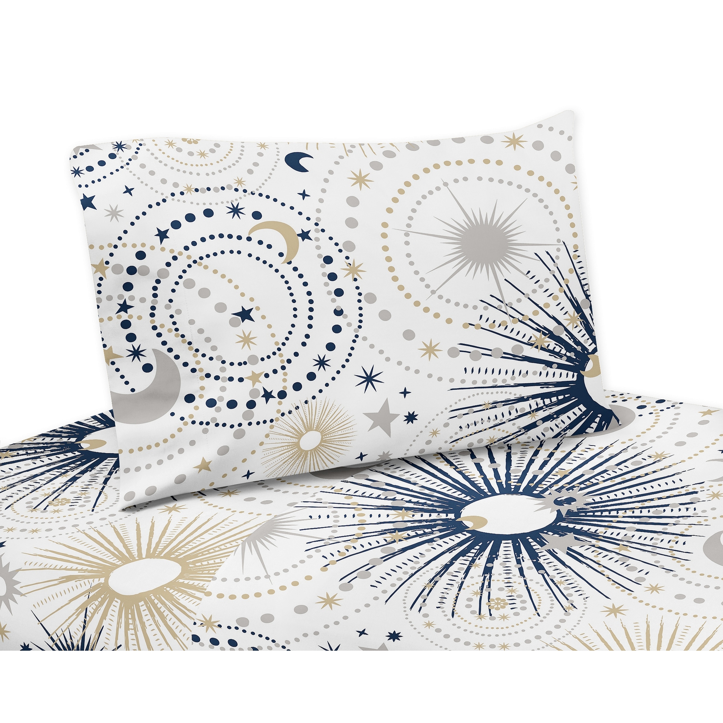 Star and Moon Collection 3-piece Twin Sheet Set - Navy Blue, Gold, and Grey Celestial Sky Stars Gender Neutral Unisex
