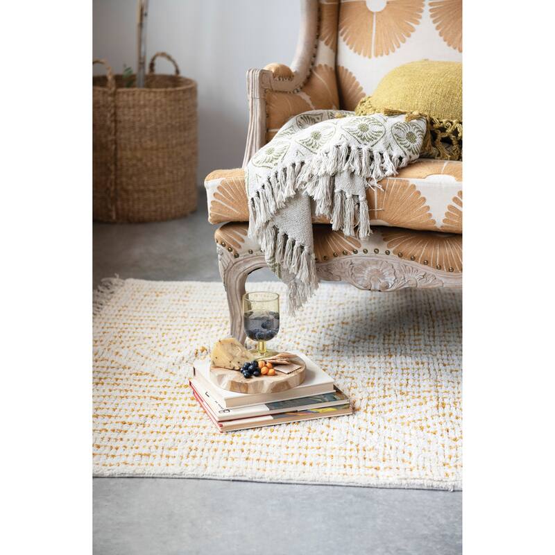 Stonewashed Cotton Tufted Rug with Diamond, Stripes and Fringe - 4' x 6'