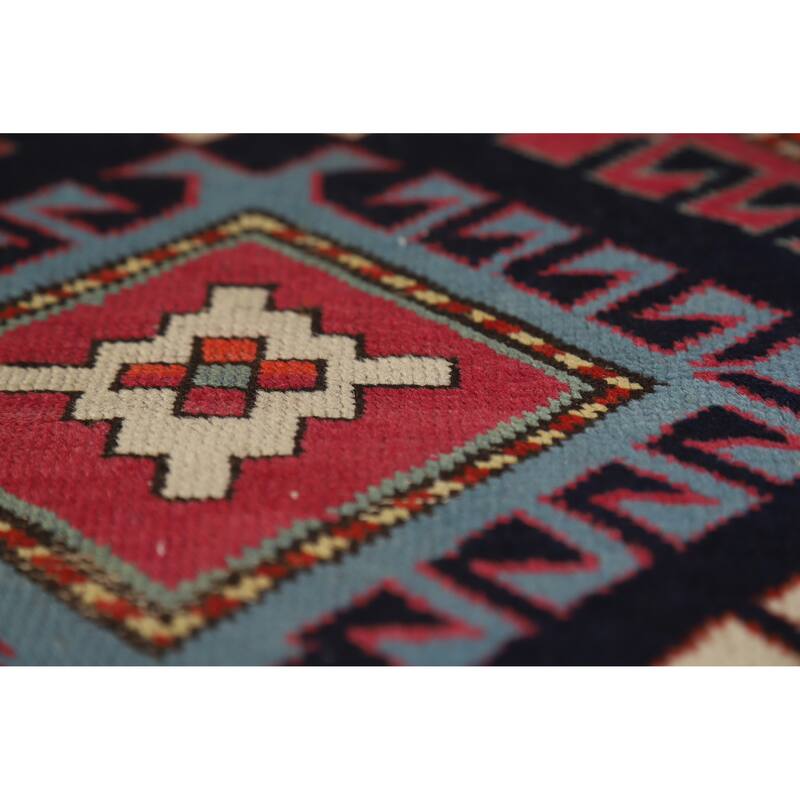 Hand Knotted Oriental 100% Wool Carpet Traditional Geometric Multi-Colored Kazak Runner Rug - 7' 6'' X 3' 4''