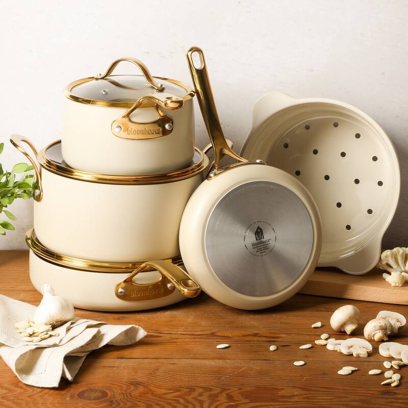 Bloomhouse 8 Piece Pots and Pans Heavy Duty Aluminum Premium PFA Free Ceramic Nonstick - Almond Cream