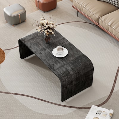 Coffee Table with Curved Art Deco Design, Minimalist Wood Rectangle Center Table, Cocktail Tea Coffee Table for Living Room