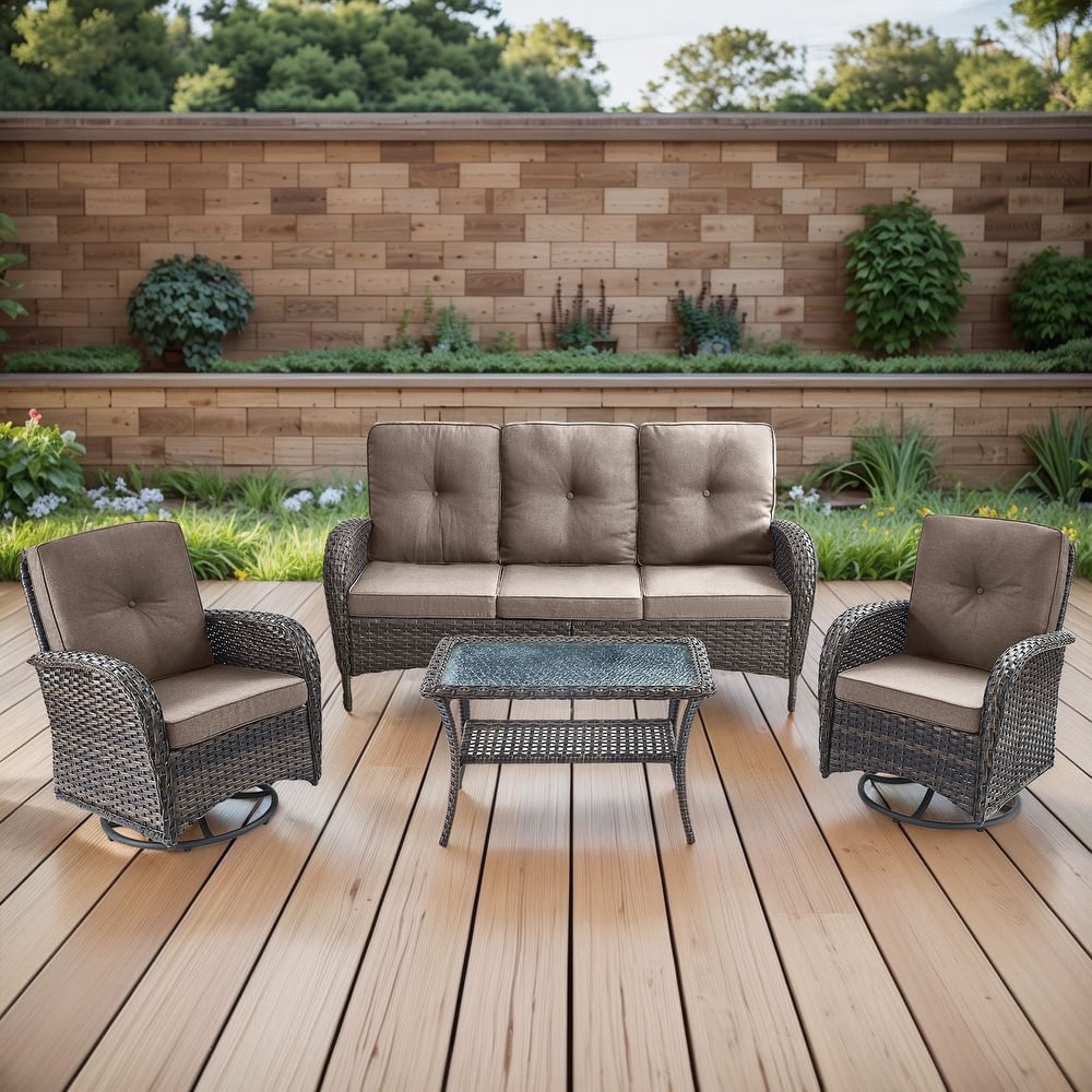 Gymojoy 4-Piece Outdoor Wicker Patio Furniture with 3 Seat Sofa & Swivel Chair, Coversation Set with Water Resistant Cushions