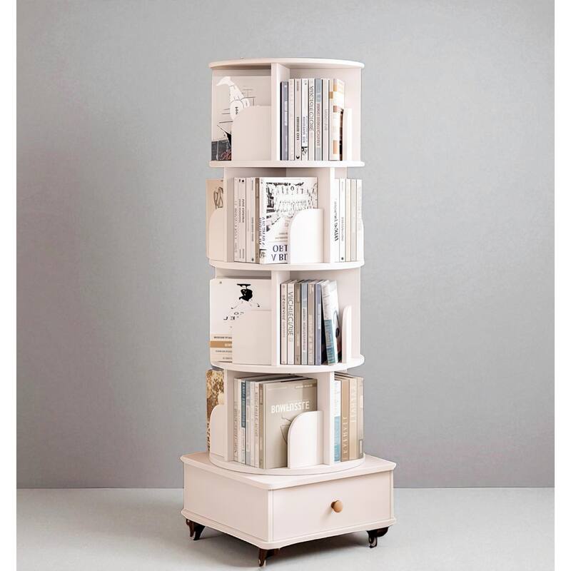 Rotating Wooden Bookcase with Drawer, 5-Tier Space-Saving Floor Shelf Organizer for Bedroom & Small Rooms - White