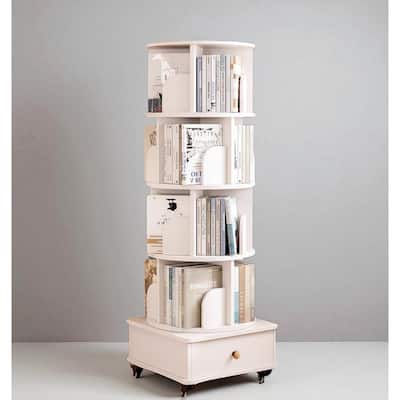 Rotating Wooden Bookcase with Drawer, 5-Tier Space-Saving Floor Shelf Organizer for Bedroom & Small Rooms