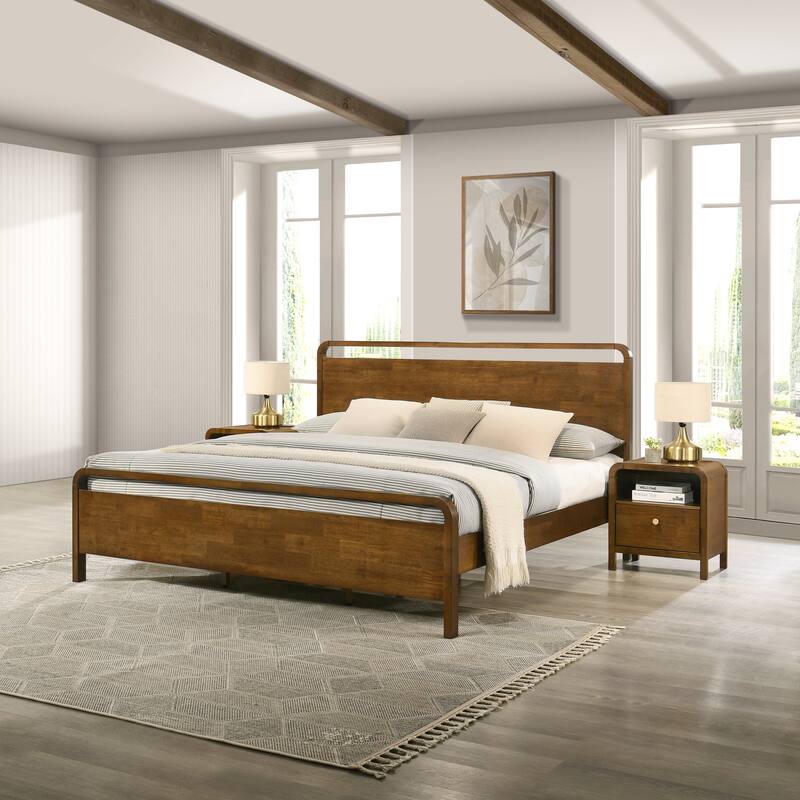 Roundhill Furniture Eldren Wood Bedroom Set, Platform Bed with Two Nightstands in Walnut Finish - King