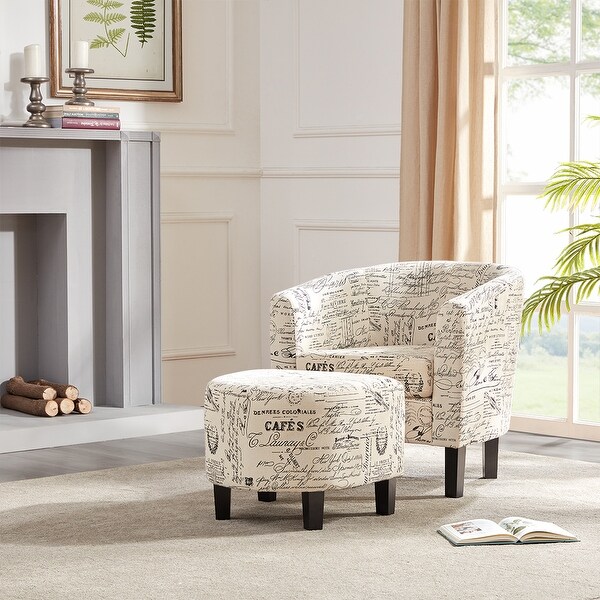 Belleze Accent Tub Chair Curved Backrest French Print Script Round Armrest Linen with Ottoman, Beige