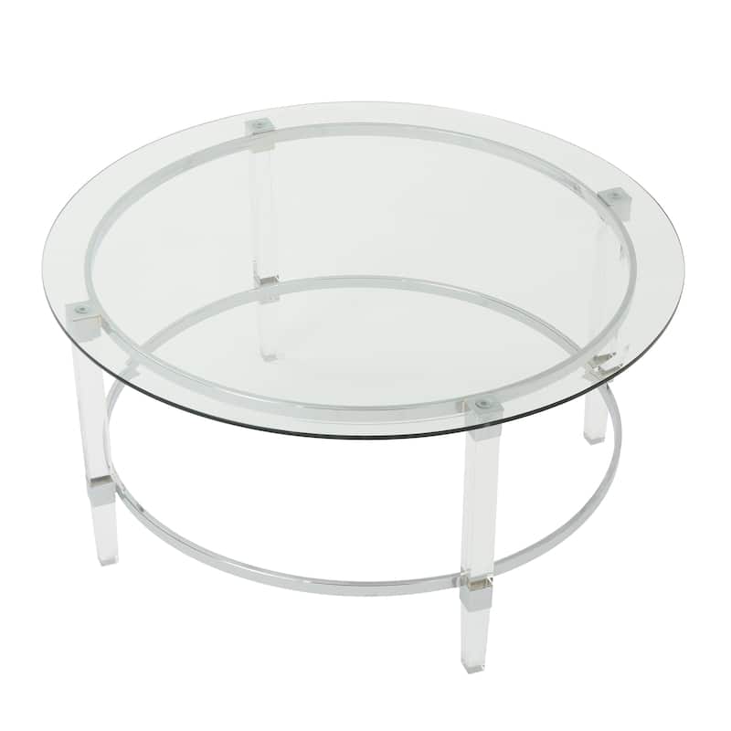 Clear Tempered Glass Round Coffee Table with Acrylic Legs, 35.5" Diameter