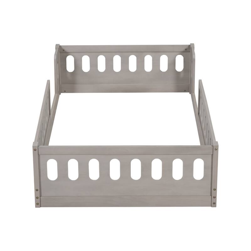 Kids Wood Floor Bed with Semi-Enclosed Guardrail and No-Slat Design