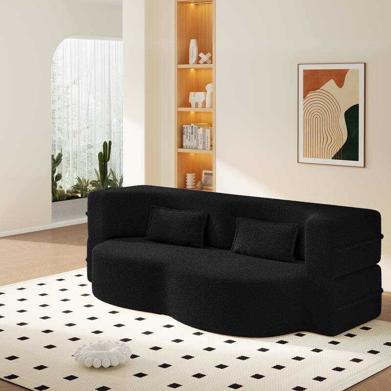 Convertible Floor Sofa with Teddy Fabric, Twin Mattress & No Assembly