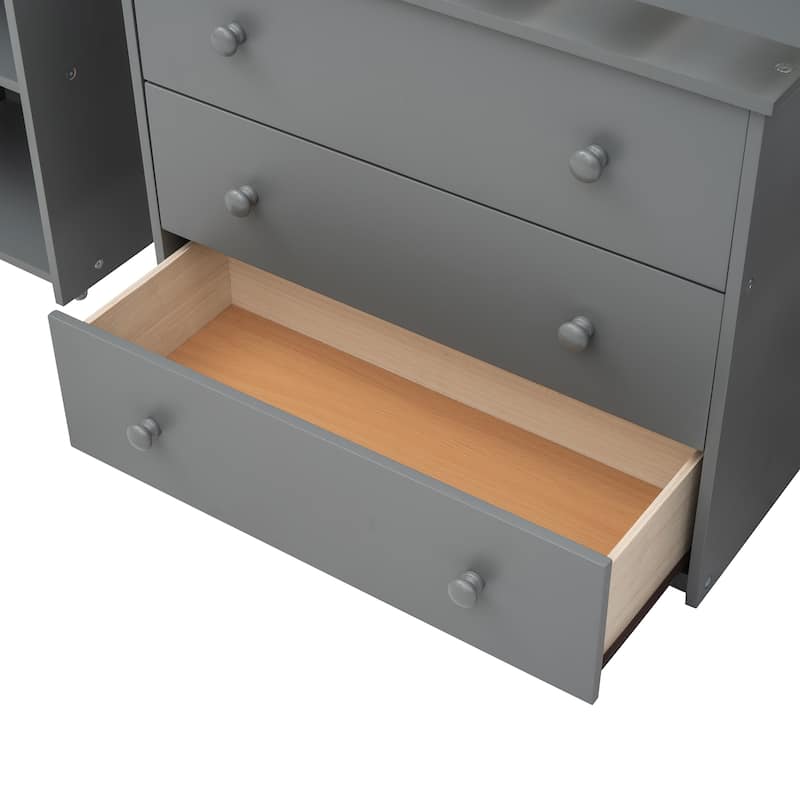 Low Loft Bed with Cabinet Shelves and Rolling Portable Desk