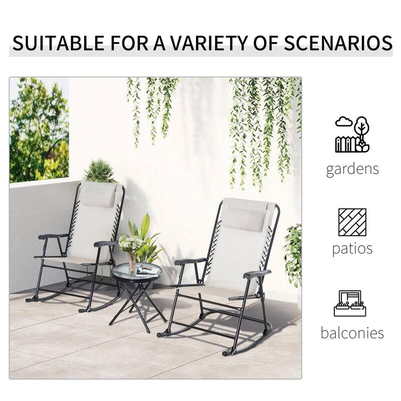 Folding Rocking Patio Set, 2 Armrest Chairs, Tempered Glass Side Table