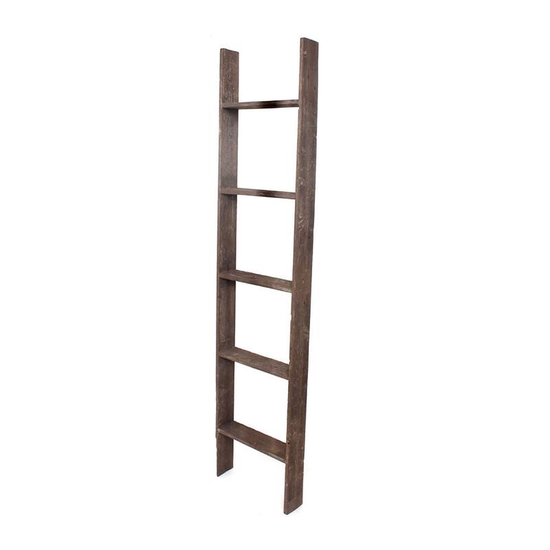 Rustic 5 Feet Wooden Ladder Shelf Outdoor Wall Accent with Varnish Finish for Hang or Lean Anywhere - 15"W x 5"D x 57"H - Brown
