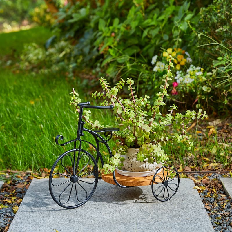 Glitzhome 24"L Spring Metal Tricycle Planter Stands Flower Pot Cart with Wood Trays