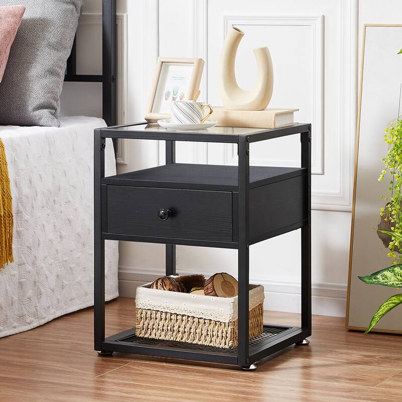 3-pieces Platform Bed Frame and Glass Top Nightstands Set of 2