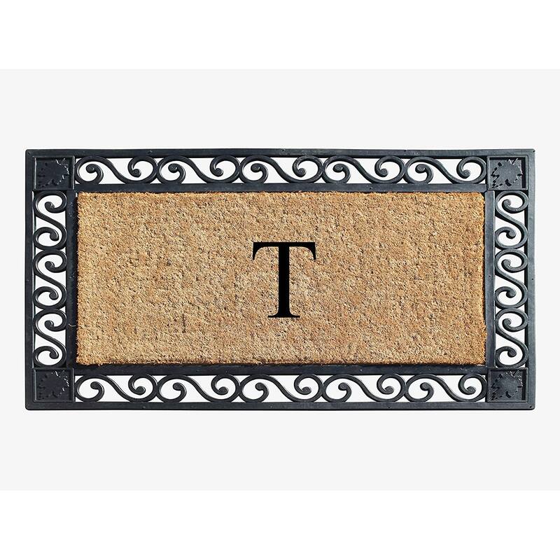 A1HC Rubber and Coir Maple Leaf, Heavy Weight Durable Monogrammed Doormat, 23"X38" Black - T  