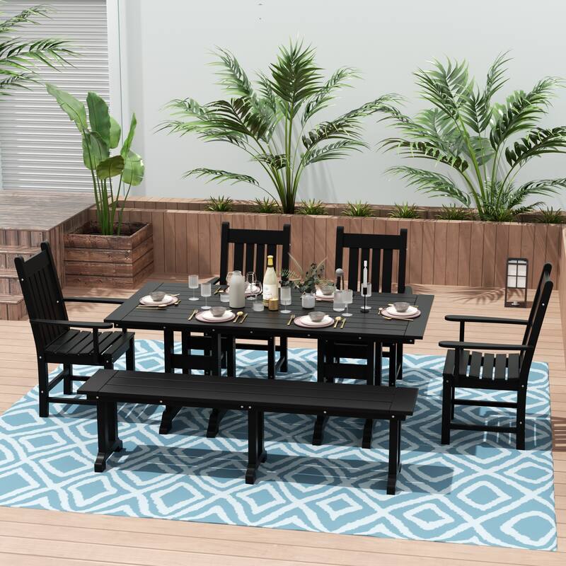 Laguna Hdpe All Weather Outdoor Patio Dining Set with Rectangle Table, Arm Chairs and Bench (6-Piece Set) - Black