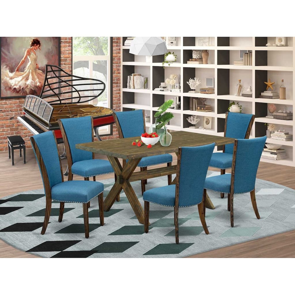 HomeStock 7-Piece Rectangle Distressed Jacobean Finish Solid Wood Top Dining Table with 6 Parson-Chairs