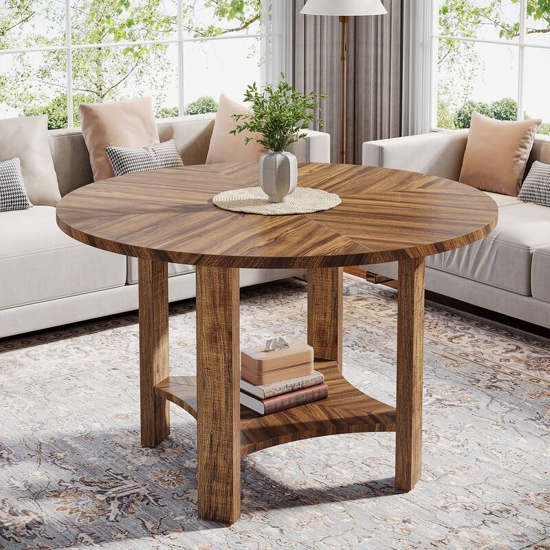 47-Inch Round Dining Table for 4-6 People, Farmhouse Kitchen Table with 2-Tier Storage