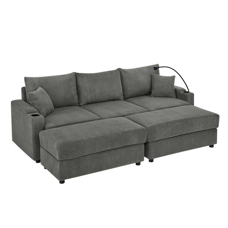 Corduroy Sleeper Sofa Bed 3 Seater Chaise Sectional Couch with 2 Ottomans, Storage Armrests, Cup Holders and Phone Stand