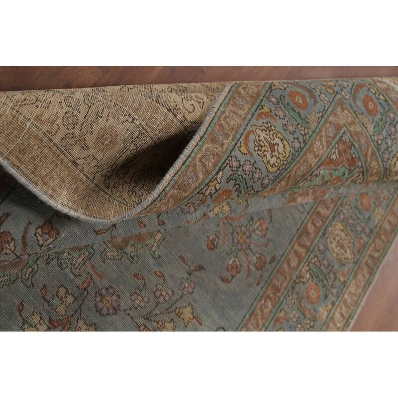 Hand Knotted Oriental 100% Wool Carpet Traditional Floral Navy Blue & Blues Tabriz Area Rug - 8' 11'' X 5' 8''