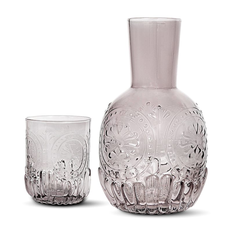 Elle Decor Carafe Bedside Night Water Carafe Glass Pitcher and Cup - 4.52" x 8.26" - Grey