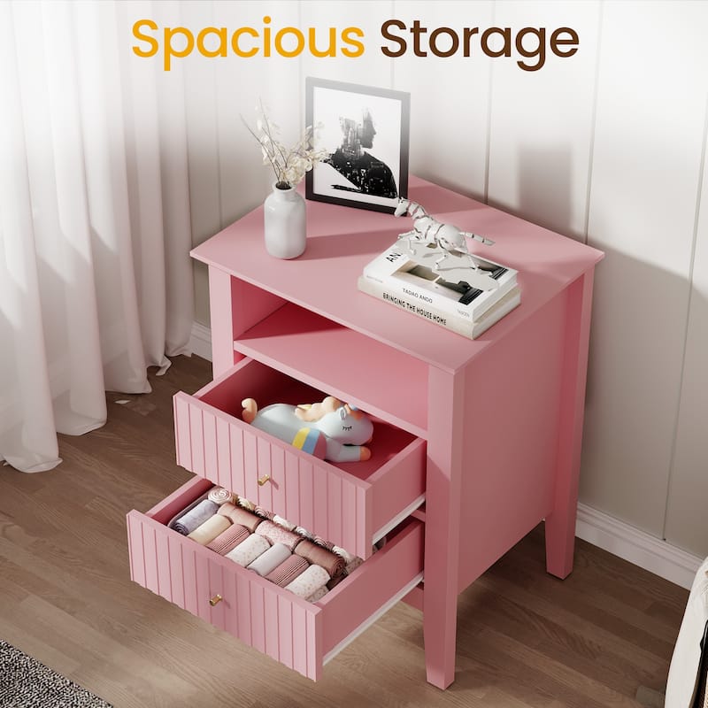Modern Fluted Nightstand with 2 Drawers - Pink