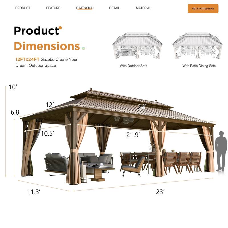 EROMMY 12x24 Aluminum Frame Gazebo Pergola featuring a Galvanized Steel Roof and Vertical Rainwater Diverter