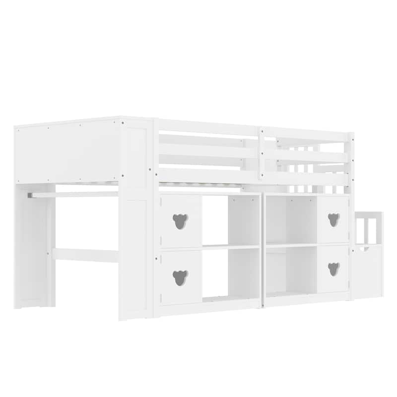 Kids Twin Size Captains Bed Low Loft Bed with LED, Cabinets, Stair Drawers and Shelves, Cabinet Door with Bear-shaped Handles
