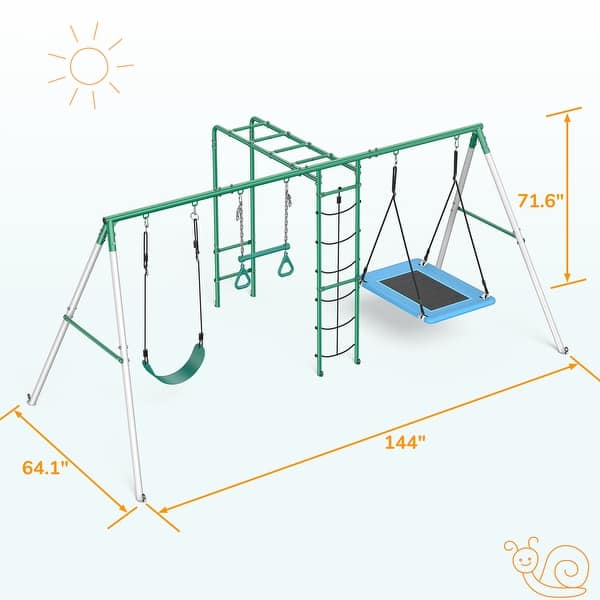 5 IN 1 Metal Swing Sets for Backyard with 2 Swings, Climbing Net, Trapeze Bar