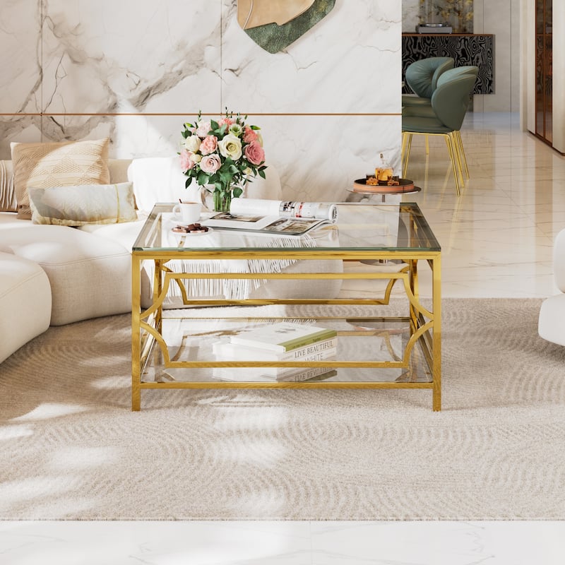 Square Glass Coffee Table in 33.5",Luxurious Geometric Metal Frame,Gold Finish & Lower Shelf