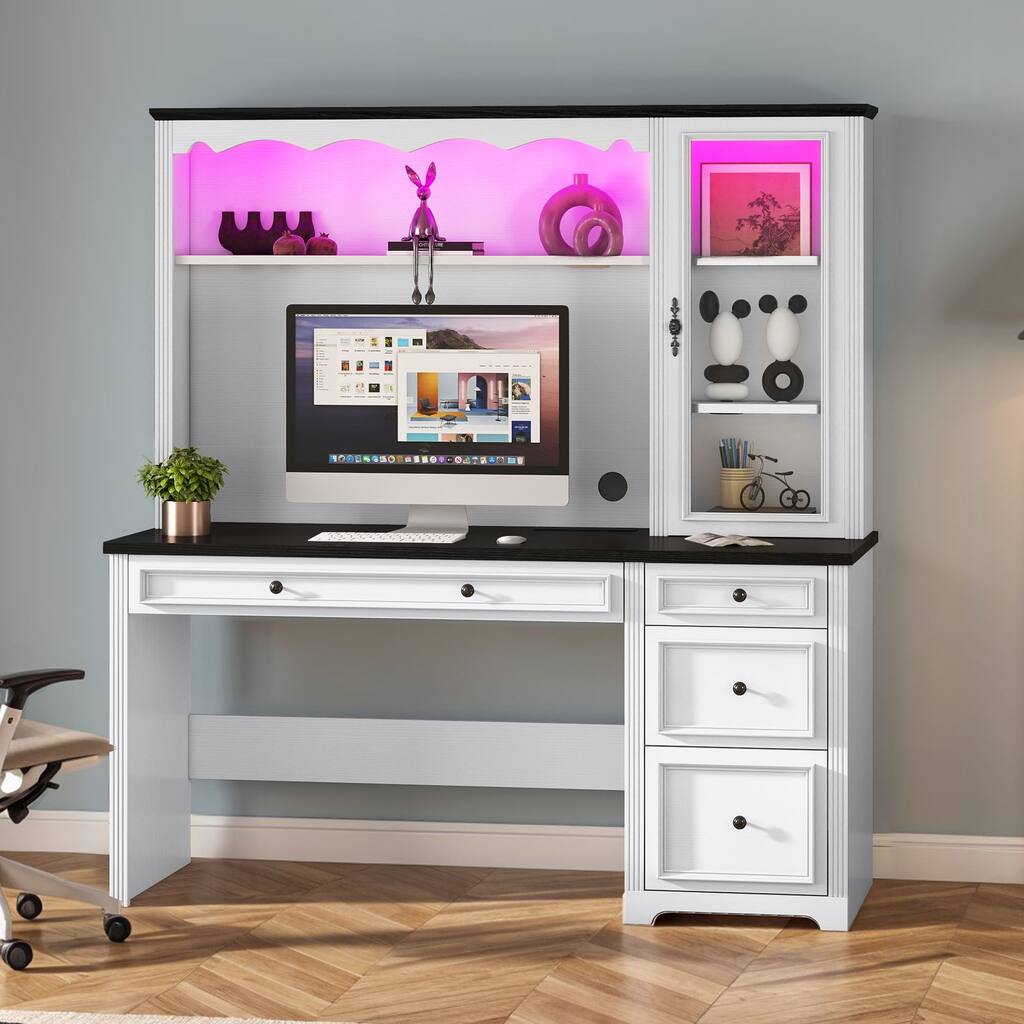 Moasis 4 Drawers Executive Office Computer Desk with Top Hutch and Charge Station