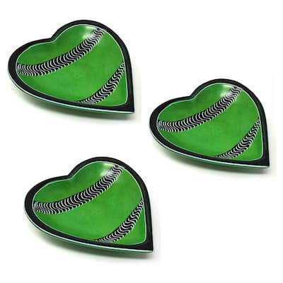 Small Soapstone Heart Bowls with Designs, Set of 3, Green