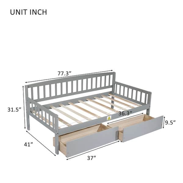 dimension image slide 2 of 3, Kids Daybed Wood Sofa Bed with Pull-out Storage Drawers Twin Size Platform Storage Bed with Headboard Footboard Guardrails