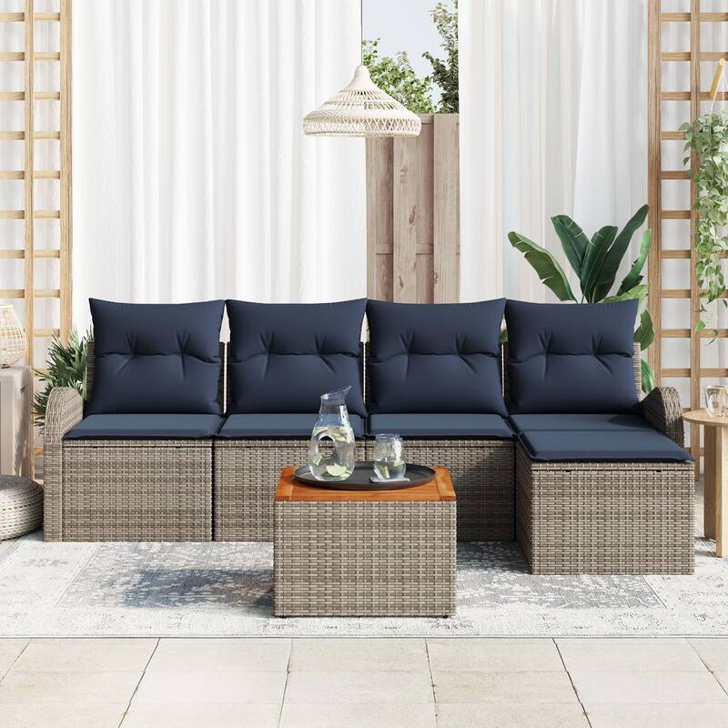 vidaXL 6 Garden Sofa Set with Cushions Black/Grey Poly Rattan - 92.1 x 24.4 x 27.2