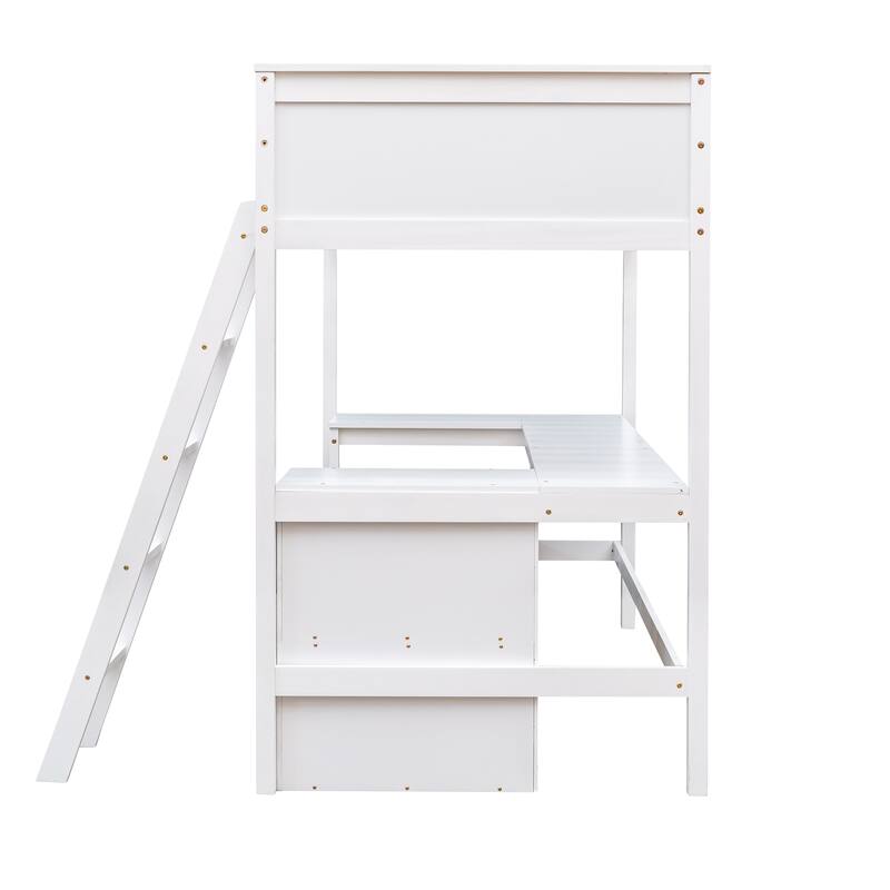 Space-Saving Twin Loft Bed with Shelves and Desk in White