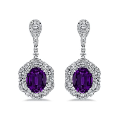 Auriya 4 5/8t Fancy Oval-cut Amethyst Halo Diamond Drop Earrings 3 1/8ctw 18k Gold