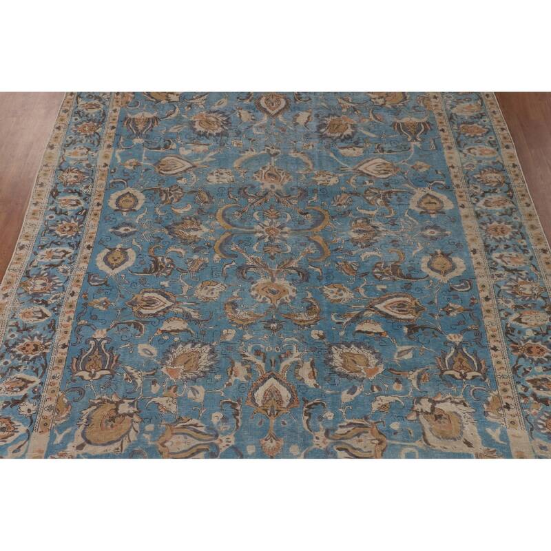 Light Blue Distressed Tabriz Persian Antique Rug Handmade Wool Carpet - 10'2" x 13'2"