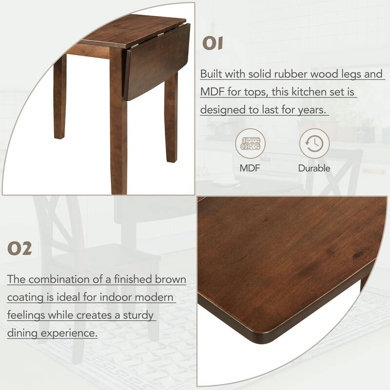 3-Piece Solid Wood Drop Leaf Dining Table Set with 2 X-back Chairs, Space-Saving Design for Small Dining Rooms and Apartments