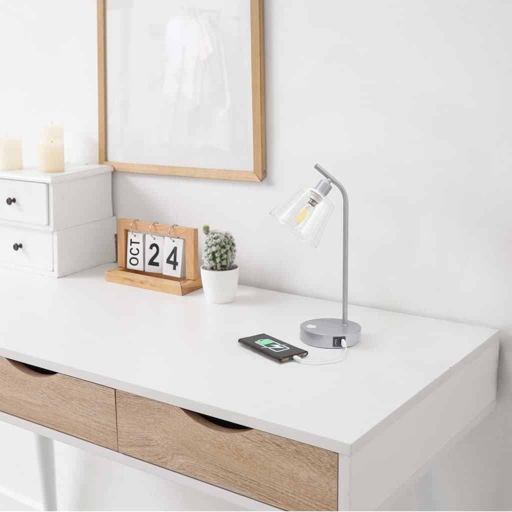 Curved Arm Desk Lamp with Glass Shade - 15.75" - Silver