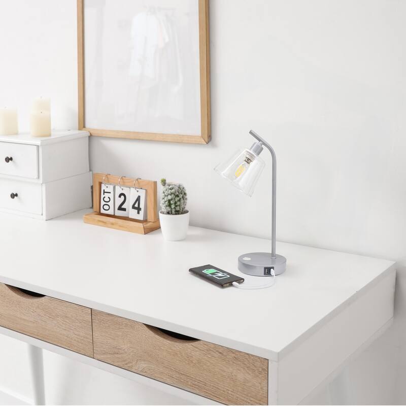 Curved Arm Desk Lamp with Glass Shade - 15.75" - Silver