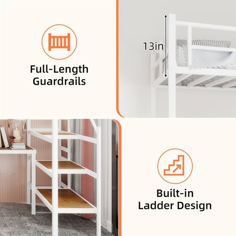 Loft Bed with L-shaped Desk,Large Storage Space and Storage Compartments