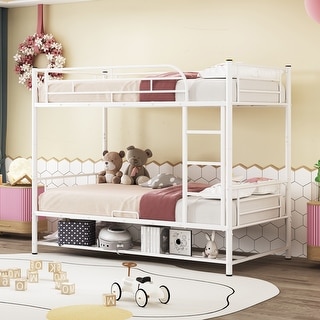 White Metal Bunk Bed with Bottom Shelf and Full-Length Guardrails, Converts to Two Beds