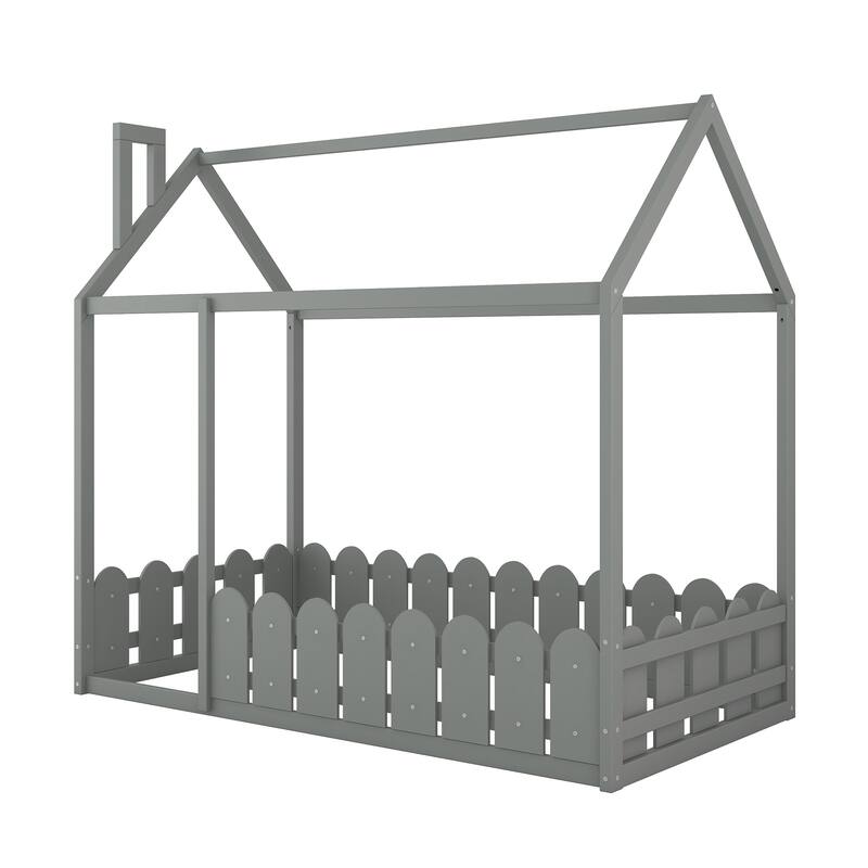 Twin Size House Bed with Roof and Fence, Semi-Enclosed Design for Kids' Play and Sleep